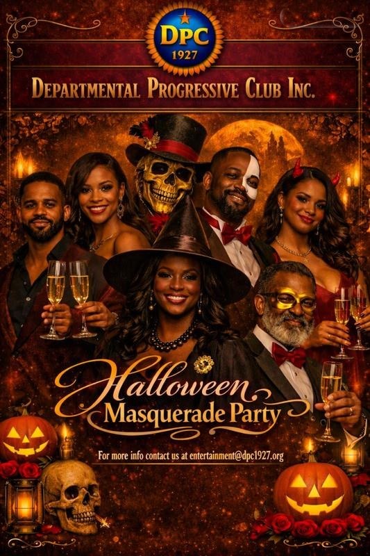 DPC Halloween Masquerade Party poster: guests in masks and costumes raising glasses of champagne beside jack-o'-lanterns